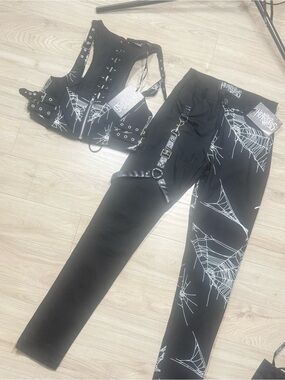 Heartless Gothic Spiderweb Harness Top & Pants Set - Black & White